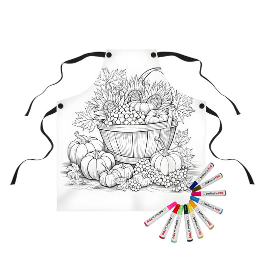 Vibrant apron featuring a colorful harvest basket design with pumpkins, grapes, and sunflowers surrounded by autumn leaves