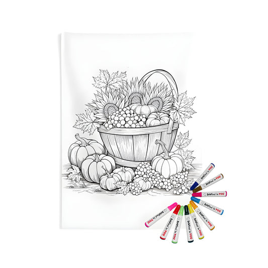 Harvest themed wall tapestry for indoor decor, featuring line art of a produce basket with pumpkins, grapes, and sunflowers surrounded by autumn leaves