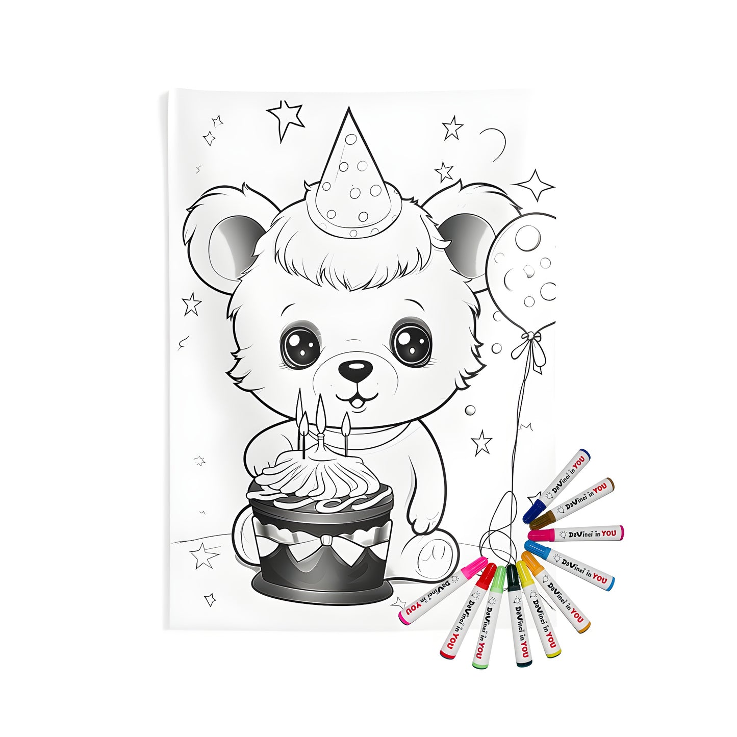 Indoor wall tapestry coloring kit featuring a bear wearing party hat and holding birthday cake