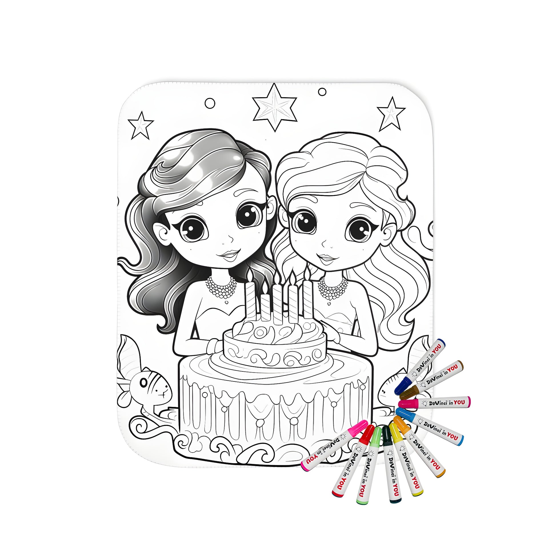 Birthday themed blanket with colorful design of two girls celebrating with cake, candles, stars and playful animals