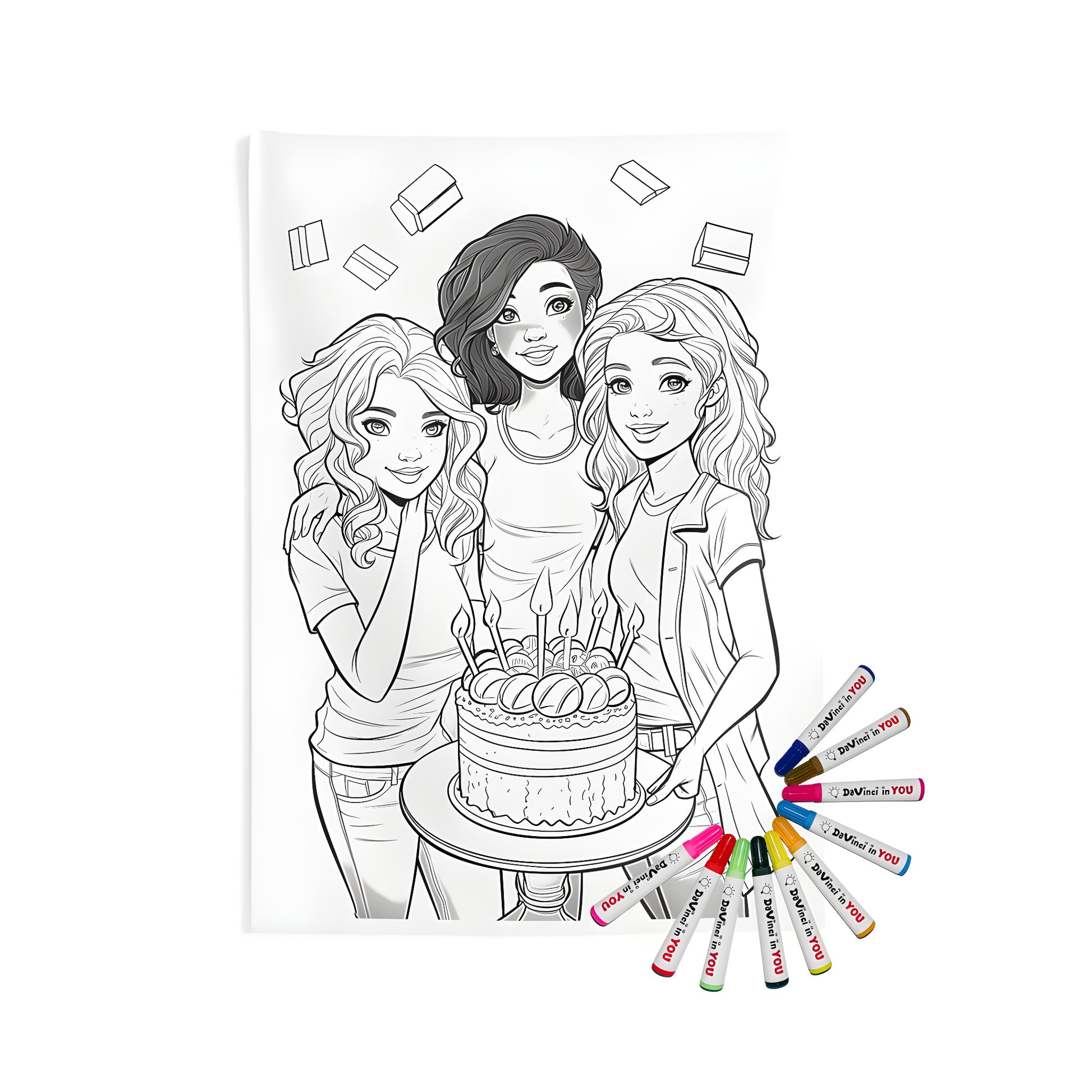 Wall tapestry art for birthday celebration decor, indoor hanging fabric featuring three girls with cake and candles