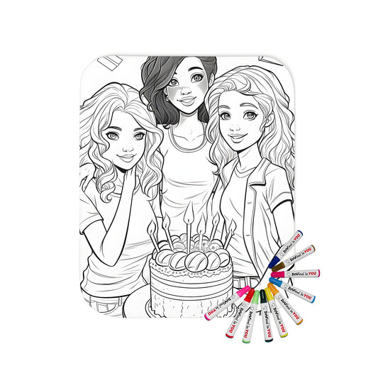 Colorful blanket with a birthday celebration theme featuring three happy girls surrounded by candles, cake, and floating chocolates