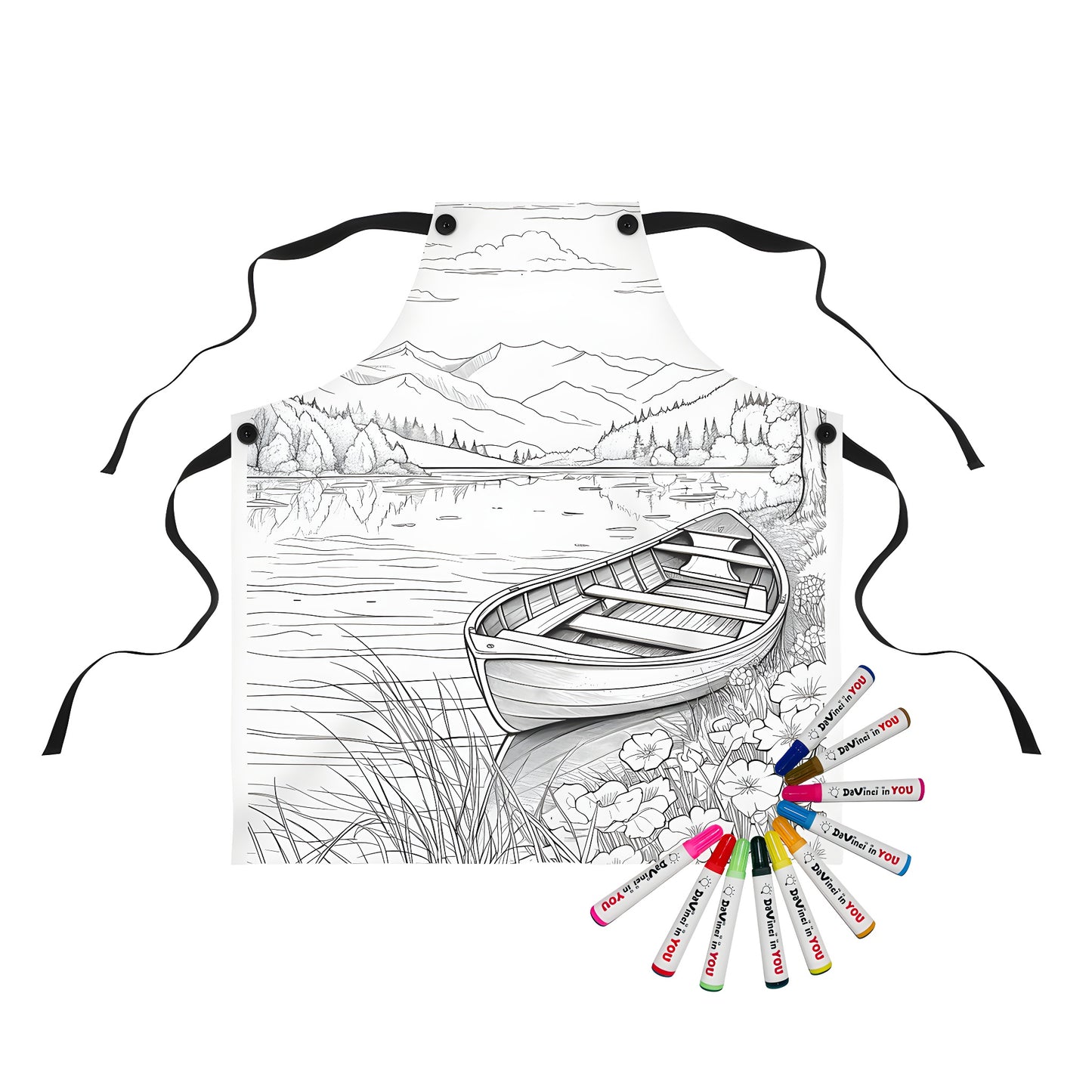 Serene lakeside scene apron for adults with boat, flowers, trees, and mountains