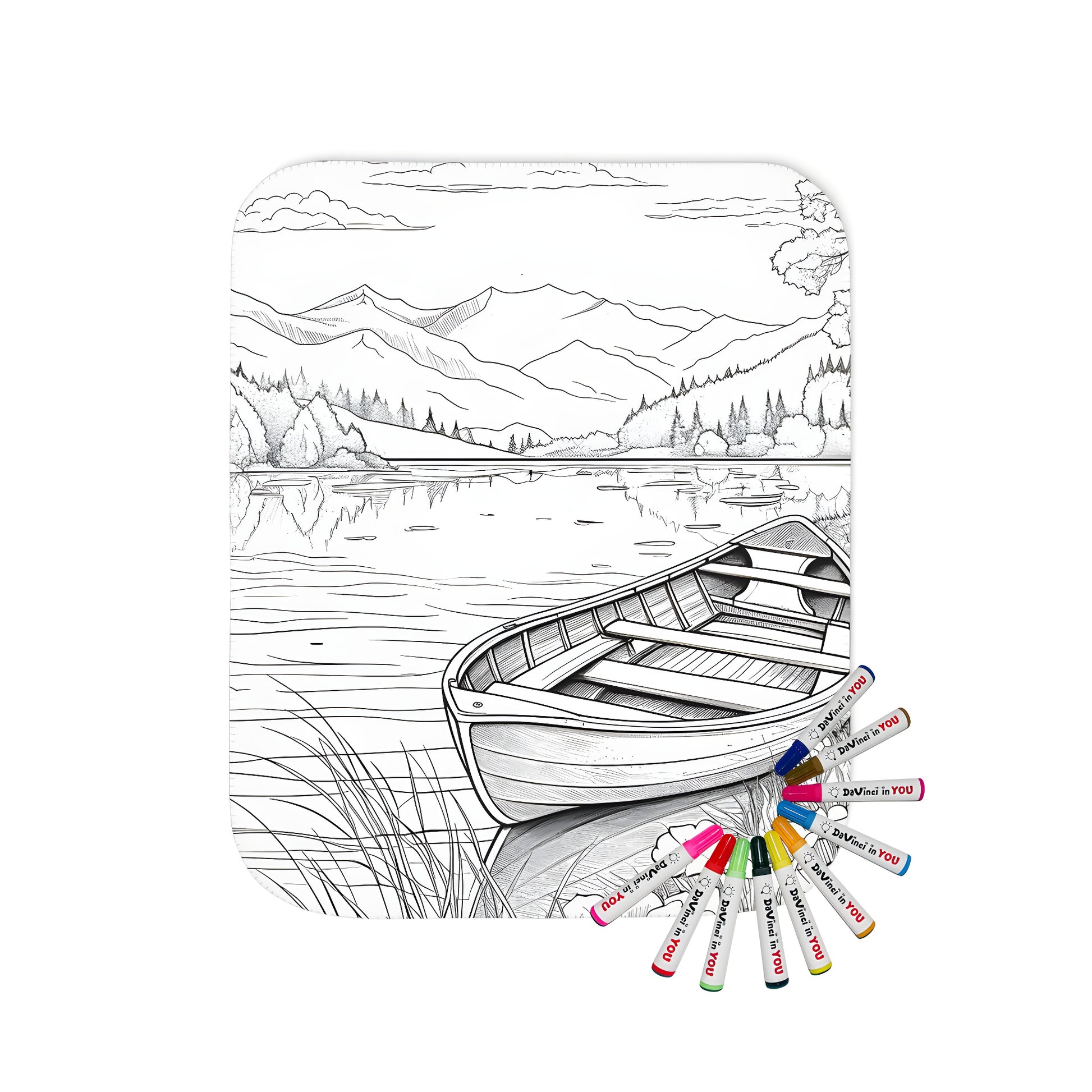 Blanket featuring serene lake scene with boat, flowers, trees, and mountains