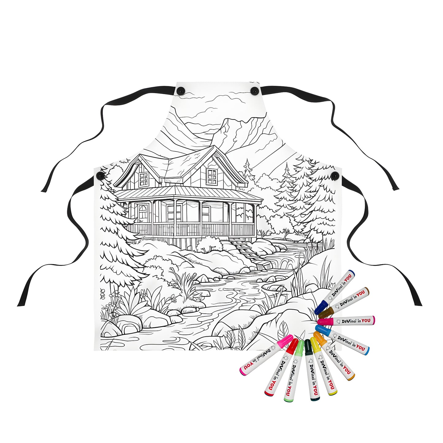 Apron featuring a detailed black-and-white cabin drawing by a stream in a mountainous forest setting