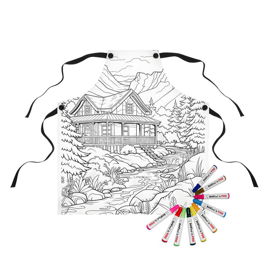 Apron featuring a detailed black-and-white cabin drawing by a stream in a mountainous forest setting