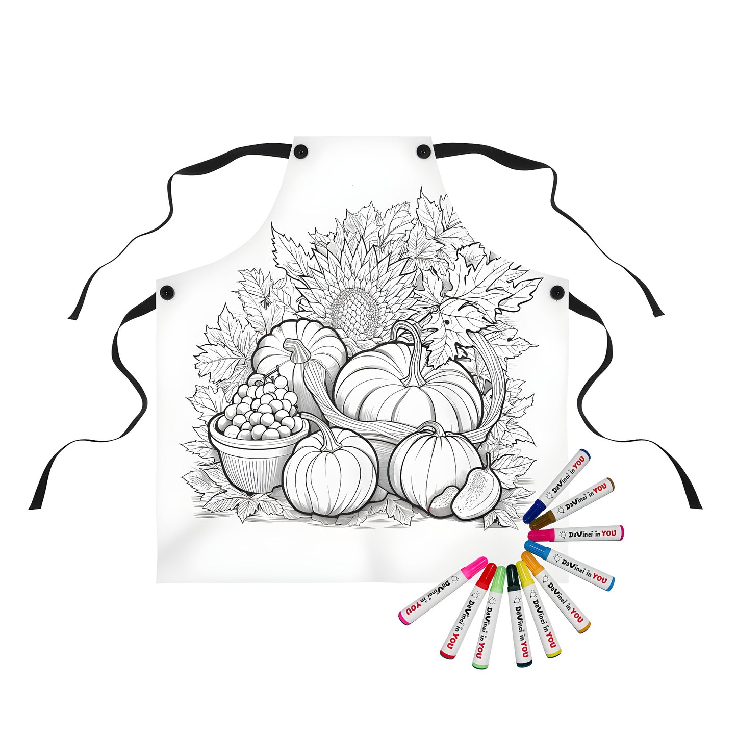 Apron with colorful harvest-themed design featuring pumpkins, grapes, fall leaves, and sunflower