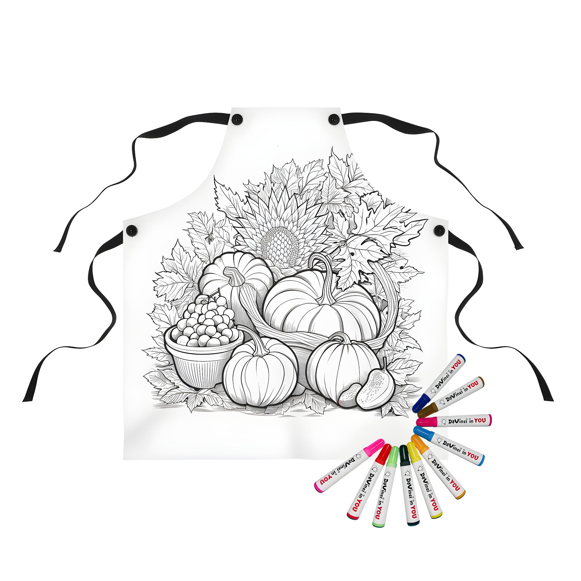 Apron with colorful harvest-themed design featuring pumpkins, grapes, fall leaves, and sunflower