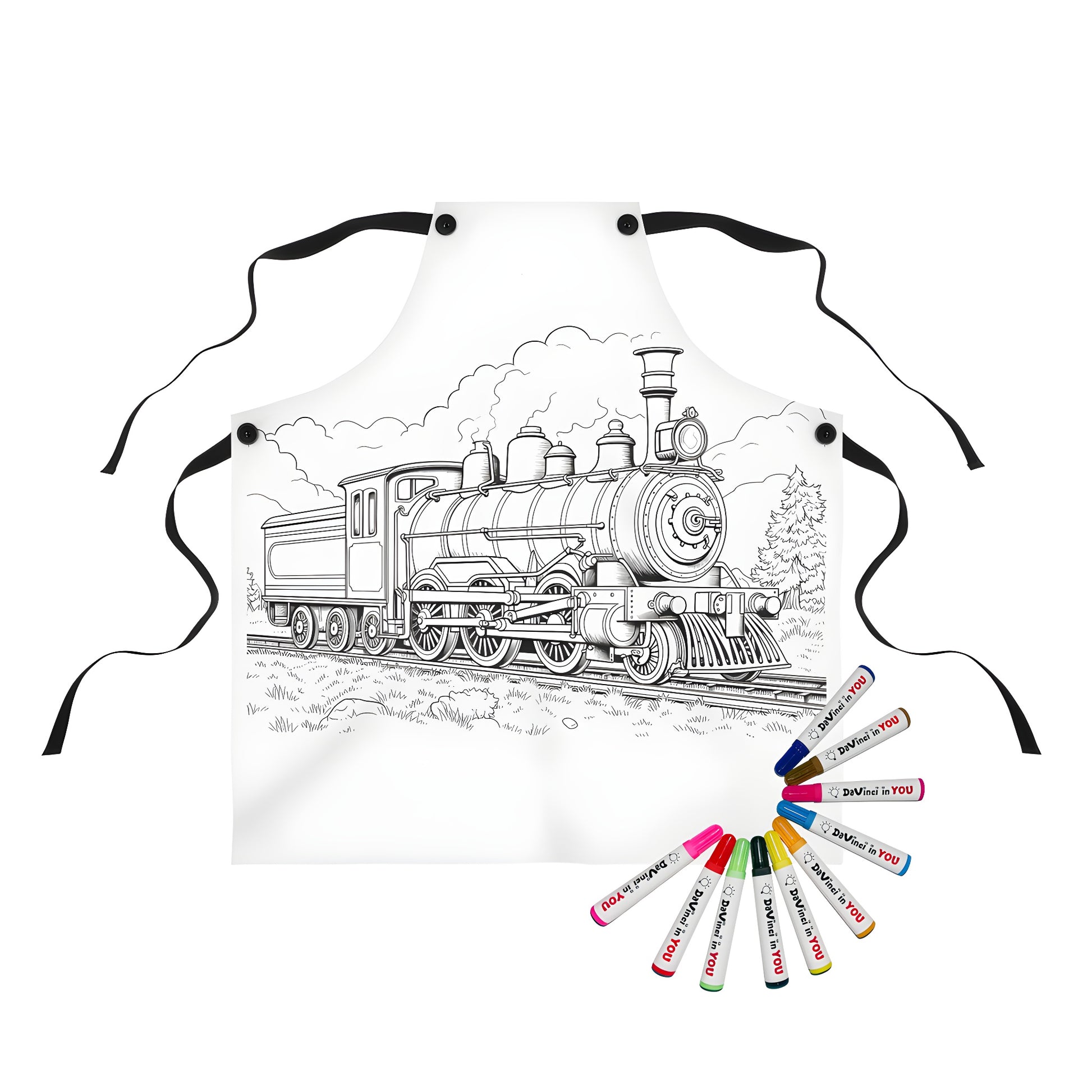 Coloring kit apron featuring black and white locomotive art on railroad tracks against scenic hills and trees background