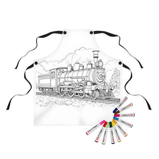 Coloring kit apron featuring black and white locomotive art on railroad tracks against scenic hills and trees background