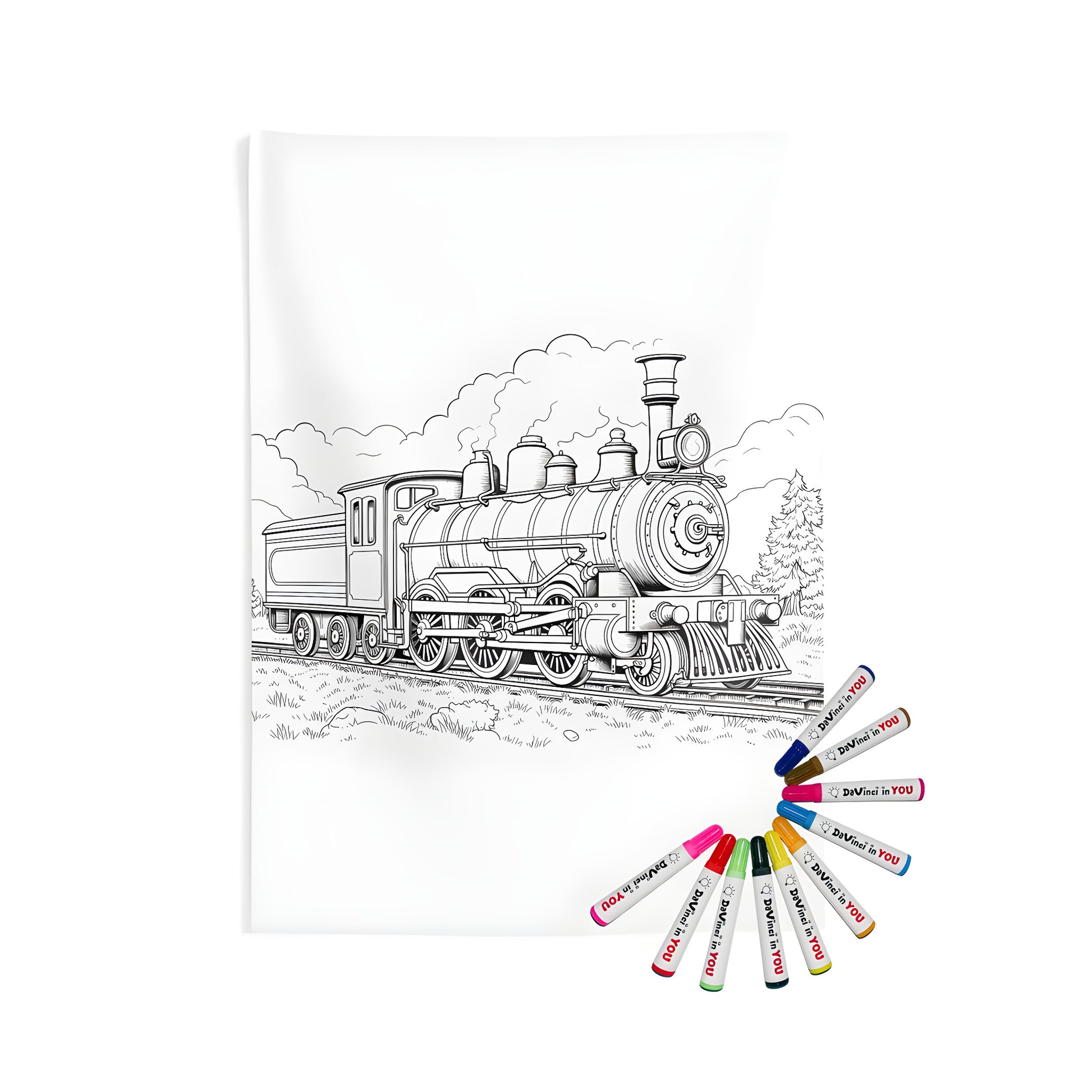 Indoor wall tapestries coloring kit with fabric markers featuring a black and white steam train locomotive on railroad tracks set against a scenic background of hills and trees