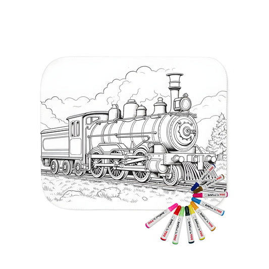 Blanket with train locomotive design, coloring page inspired, railroad tracks, scenic background