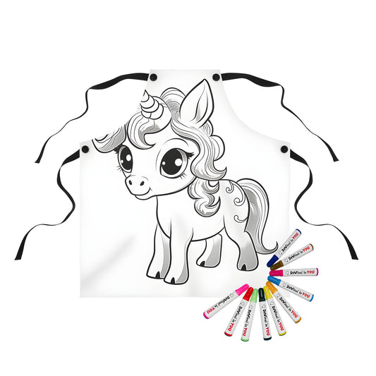 Coloring apron featuring a baby unicorn design with cute face and long hair