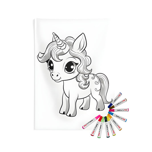 Indoor wall tapestries, coloring kit, baby unicorn artwork, unicorn illustration, whimsical home decor