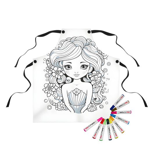 Coloring apron featuring enchanting mermaid art with flowing hair and floral accessories