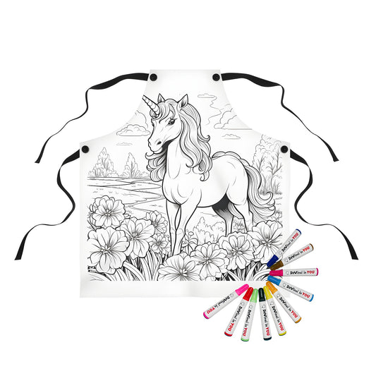 Coloring apron featuring an enchanting unicorn scene with flowers and scenic landscape