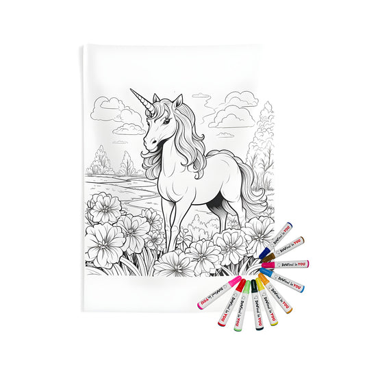 Indoor Wall Tapestry featuring a Unicorn in Nature, detailed black and white drawing of a horse-like mythical creature standing in a field with flowers and scenic background