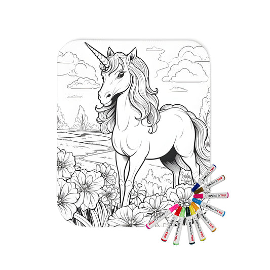 A beautiful blanket featuring a detailed black and white drawing of a unicorn standing in a field with flowers and a scenic background.