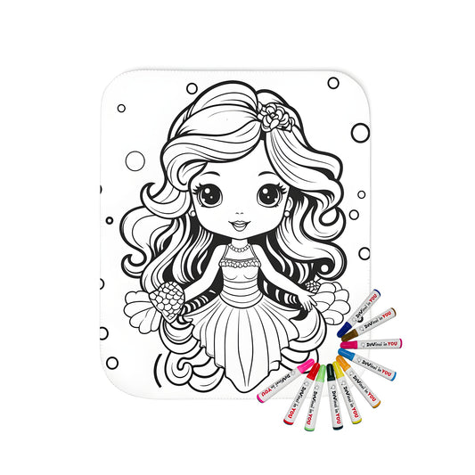 Cozy blanket with adorable mermaid girl design featuring long hair and seashell underwater with bubbles