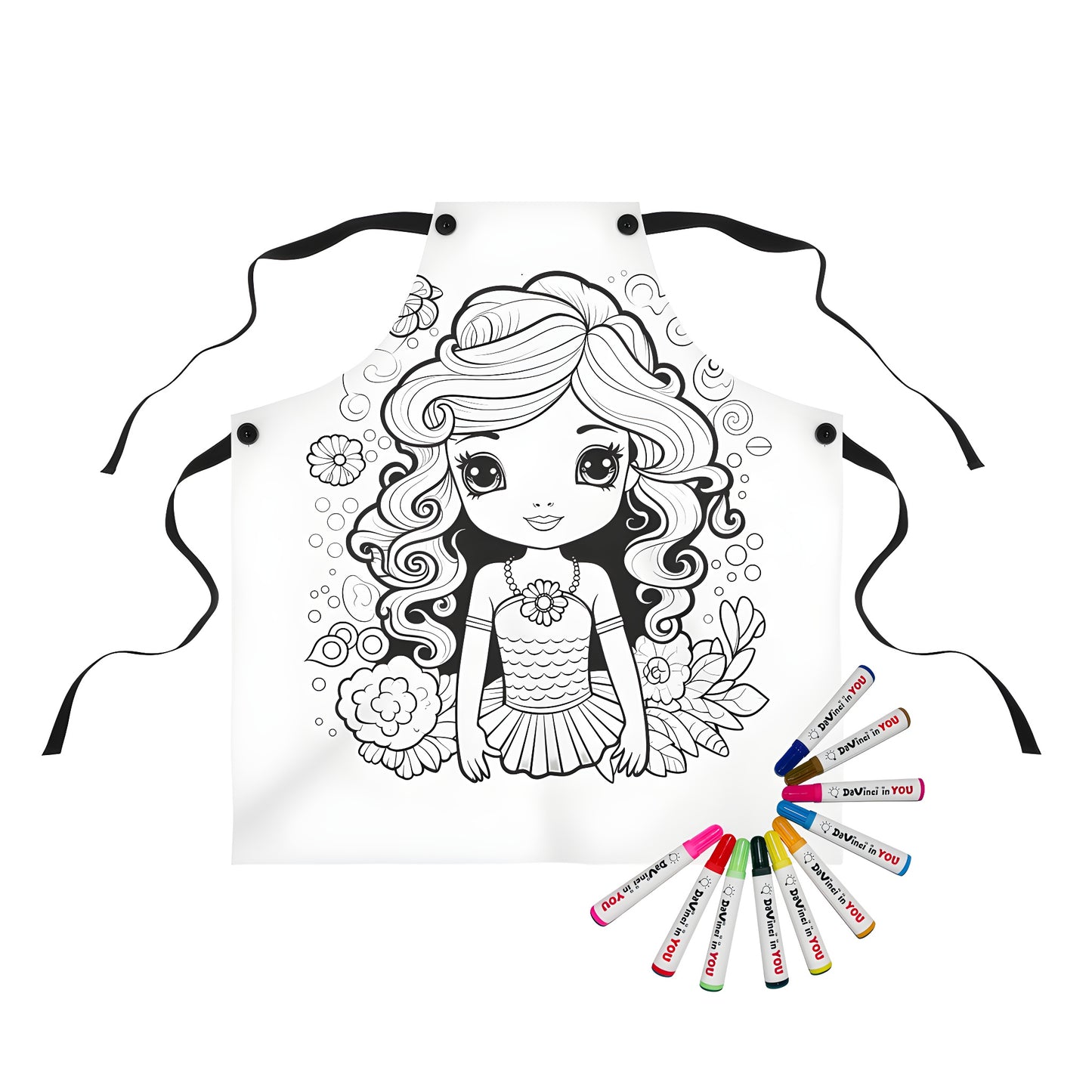 Cute mermaid apron with floral design, perfect for coloring and creativity