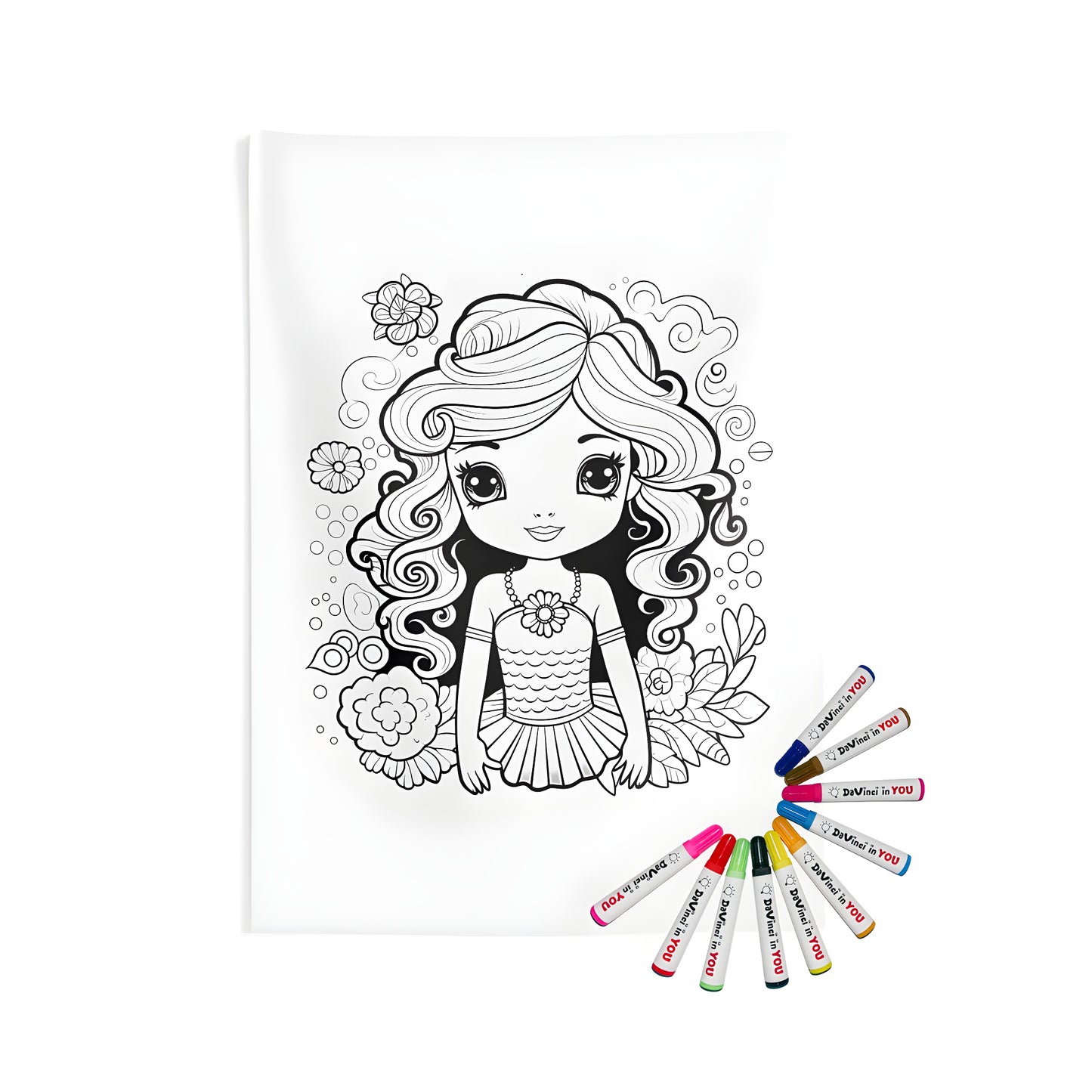 Coloring kit for indoor wall tapestries featuring a cute mermaid surrounded by flowers and bubbles