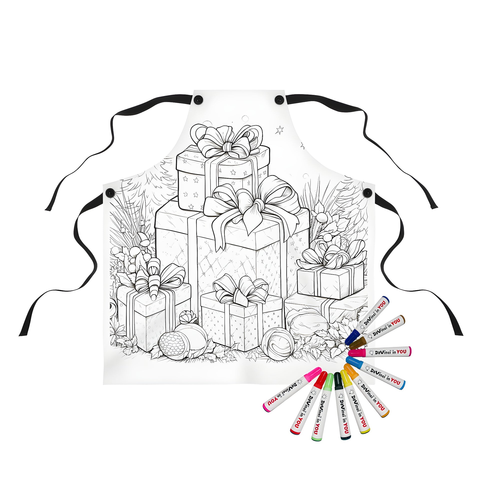 Apron with festive Stack of Christmas gifts design, decorated with ornate bows, surrounded by nature and holiday elements.