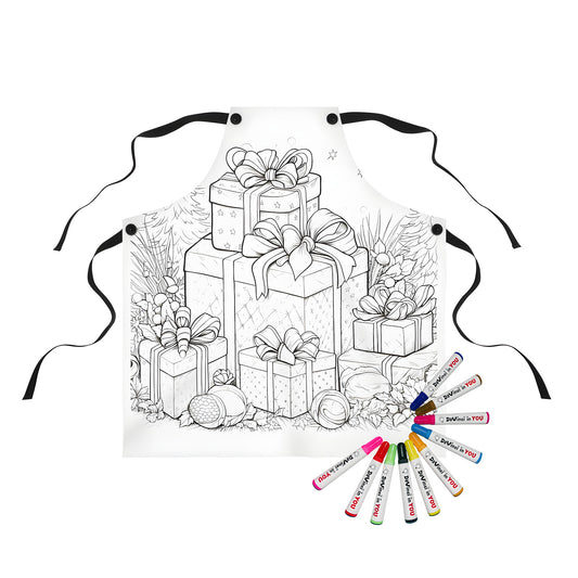 Apron with festive Stack of Christmas gifts design, decorated with ornate bows, surrounded by nature and holiday elements.