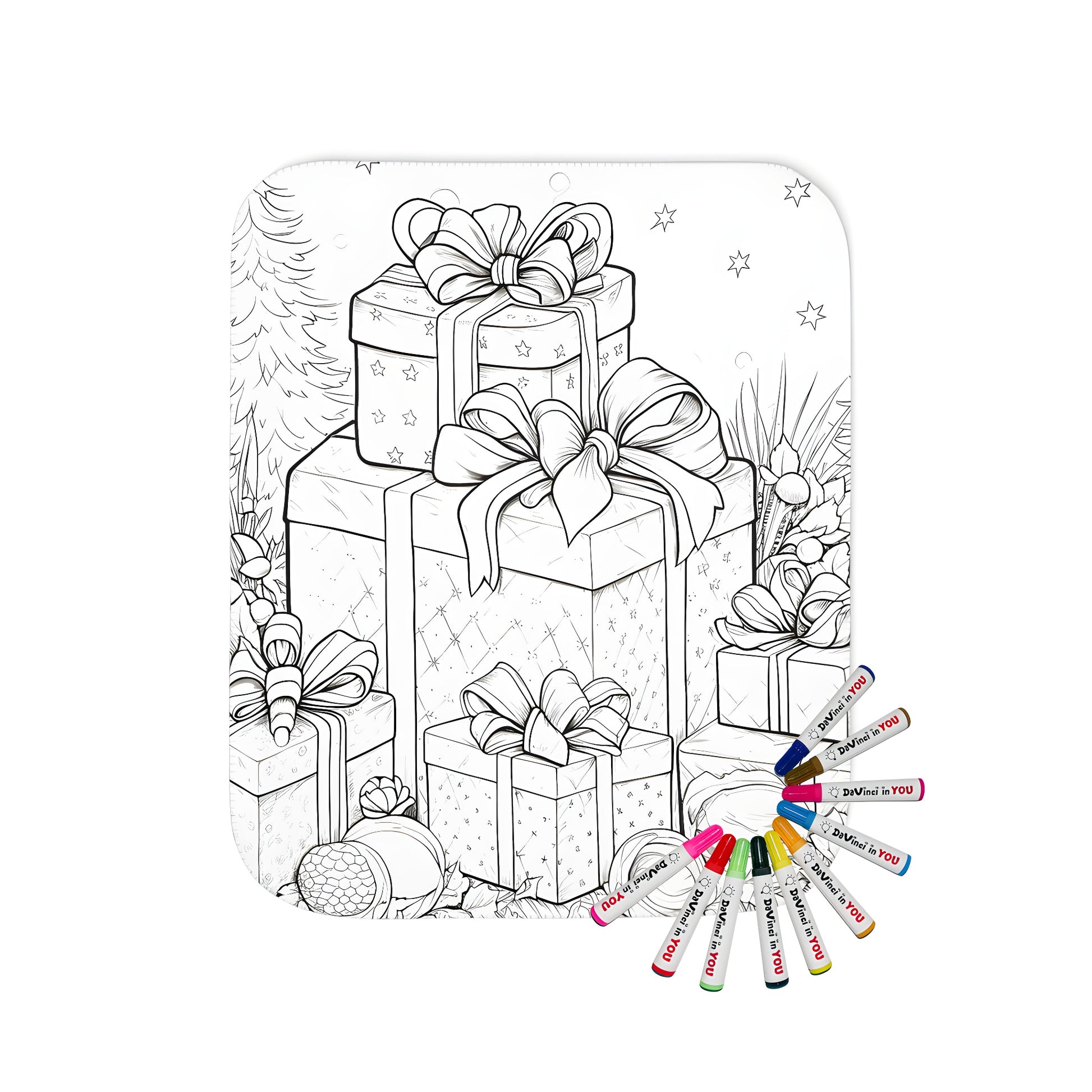 Blanket with Stack of Christmas gifts, presents, and ornaments coloring page design