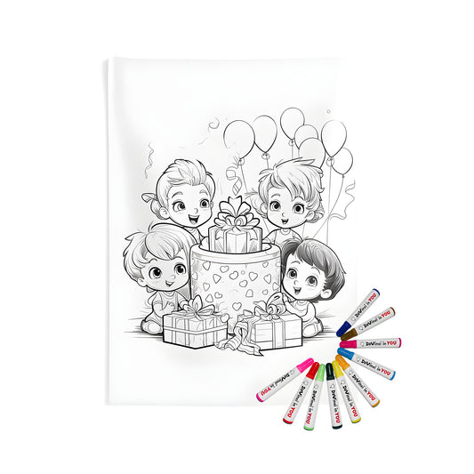 Birthday party decor wall tapestry with colorful balloons, presents, and cake. Ideal for kids' bedrooms or playrooms.