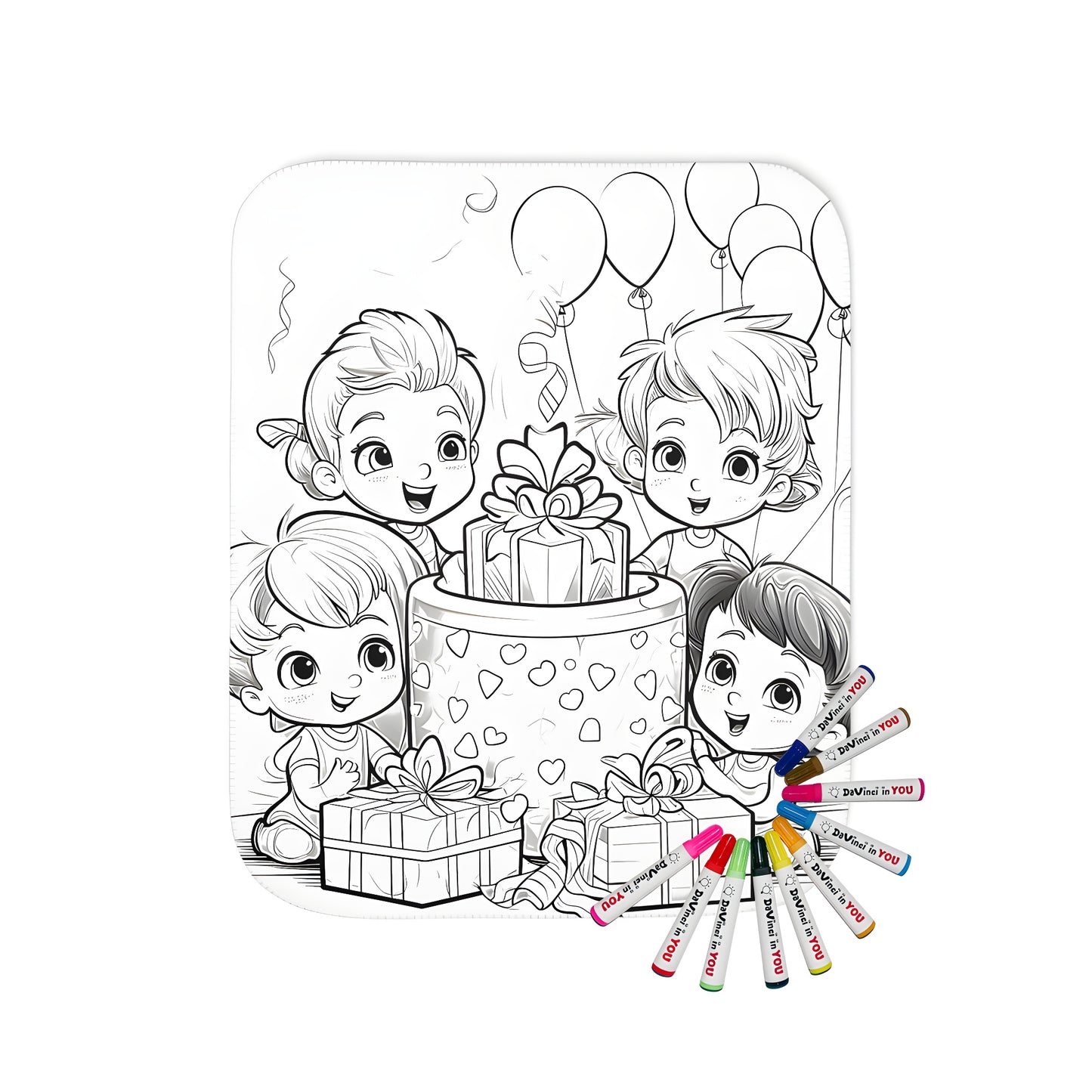 Cozy blanket with colorful children birthday party design featuring four happy kids around a cake and balloons