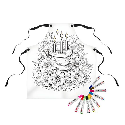 Birthday cake themed apron with colorful fabric markers for adult coloring and fun crafts