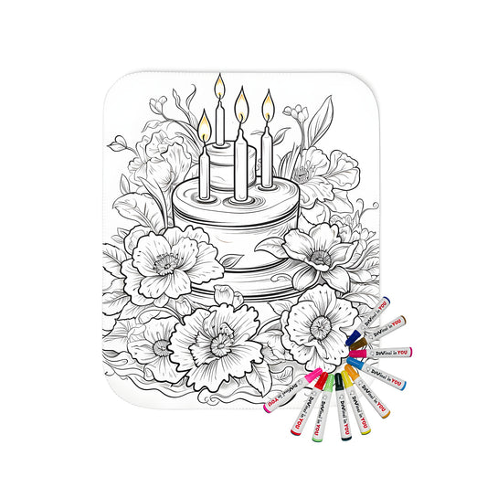 Coloring blanket featuring a detailed black and white cake with candles and surrounded by floral arrangements, perfect for birthday celebrations