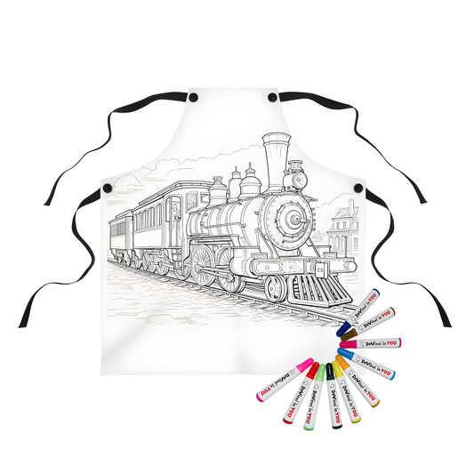 Vintage steam engine apron for kids, black and white train coloring page design