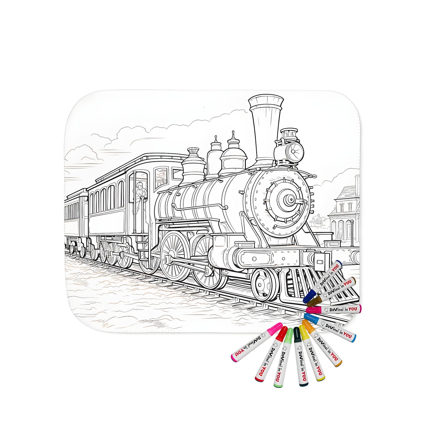 Vintage style blanket featuring detailed illustrations of classic steam trains and locomotives