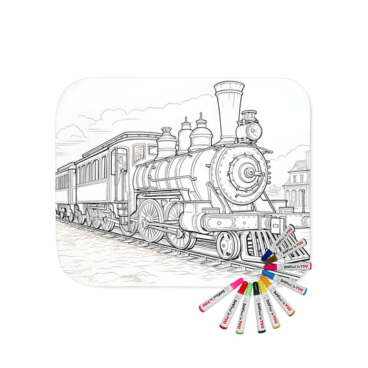 Vintage style blanket featuring detailed illustrations of classic steam trains and locomotives