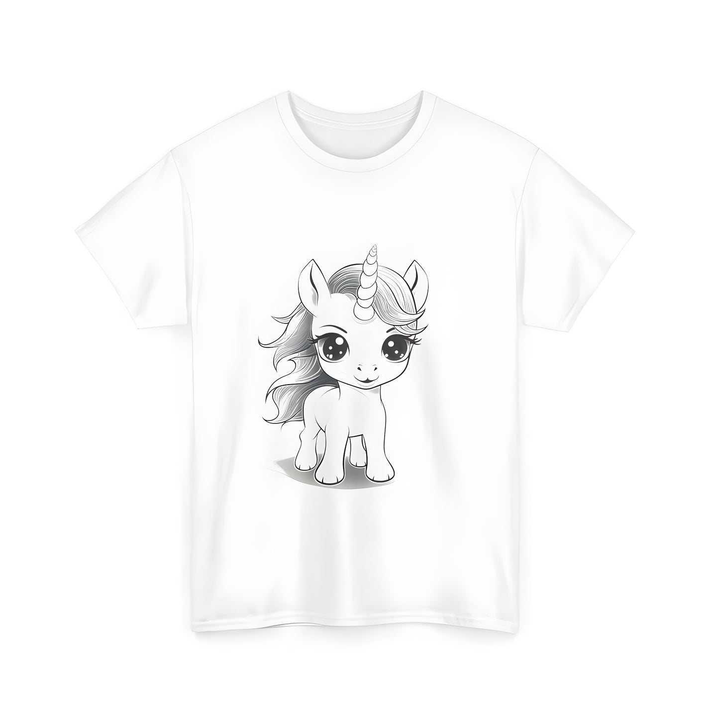 Unisex T-Shirt featuring colorful design of cute baby unicorn with big eyes and flowing mane, minimalist style