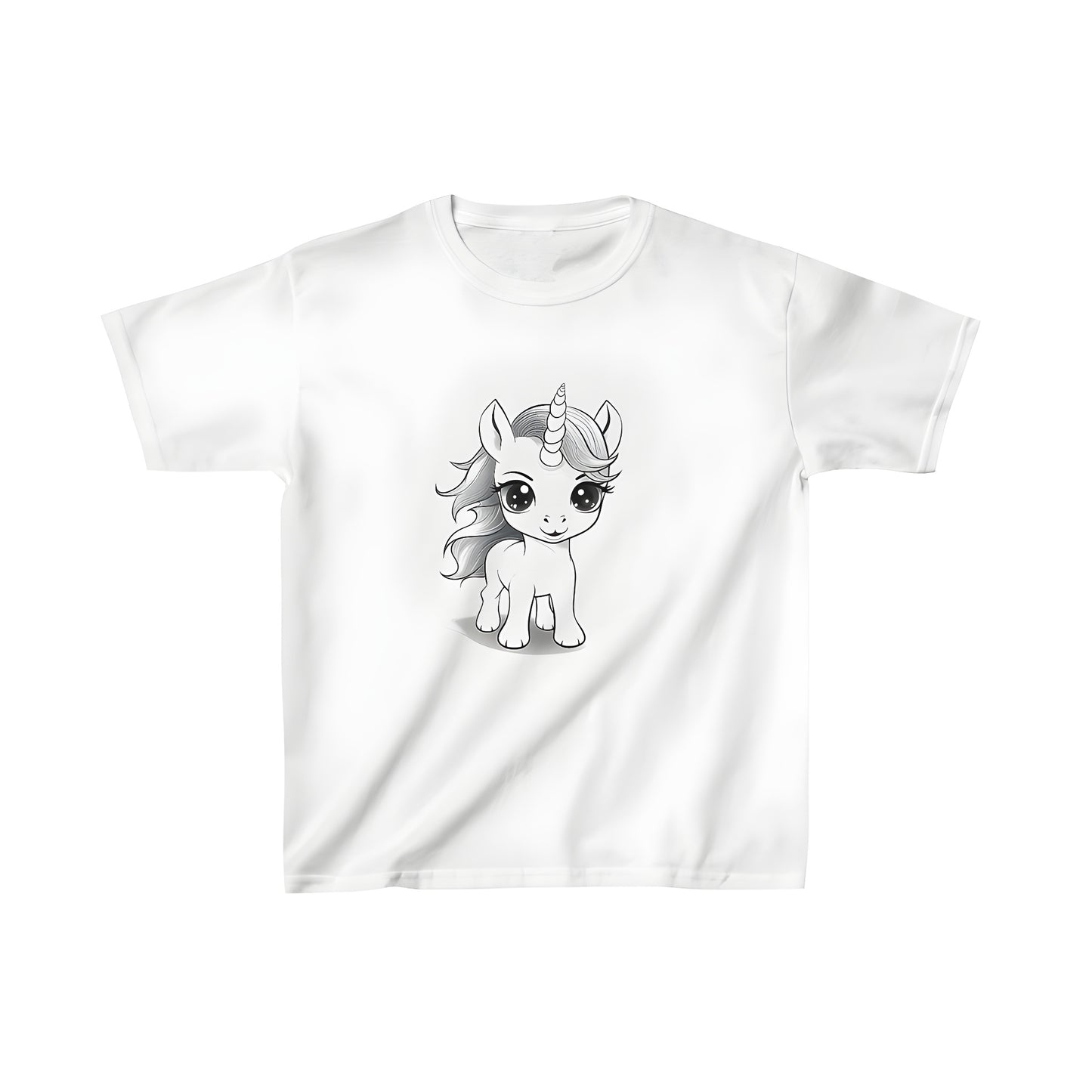 Colorful kid's t-shirt featuring a cute baby unicorn design with big eyes and a flowing mane, depicted in a minimalist style