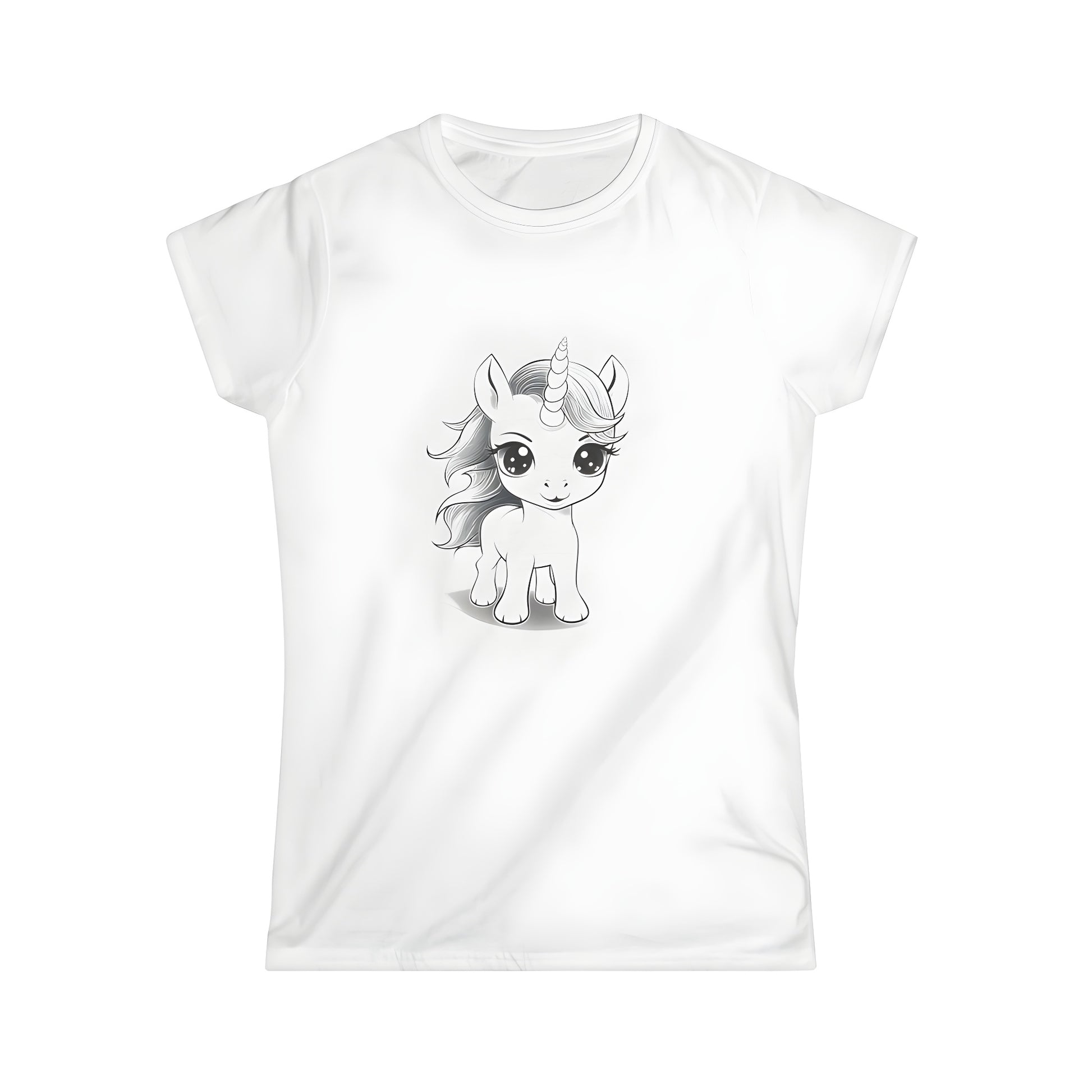 Women's T-shirt featuring a colorful design of a cute and playful baby unicorn with big eyes and a flowing mane, depicted in a minimalist style.