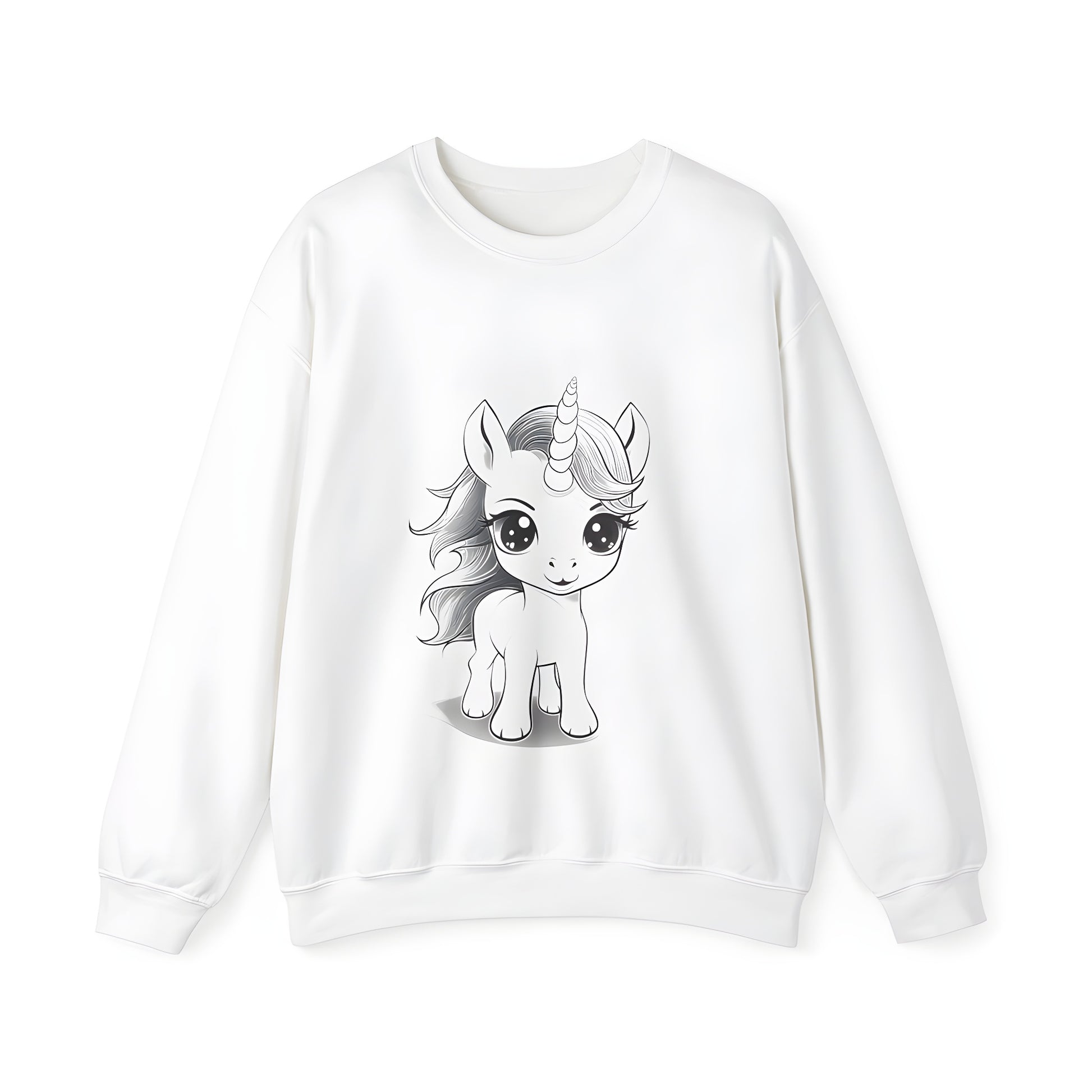 A colorful, minimalist design of a cute baby unicorn on an adult sweatshirt