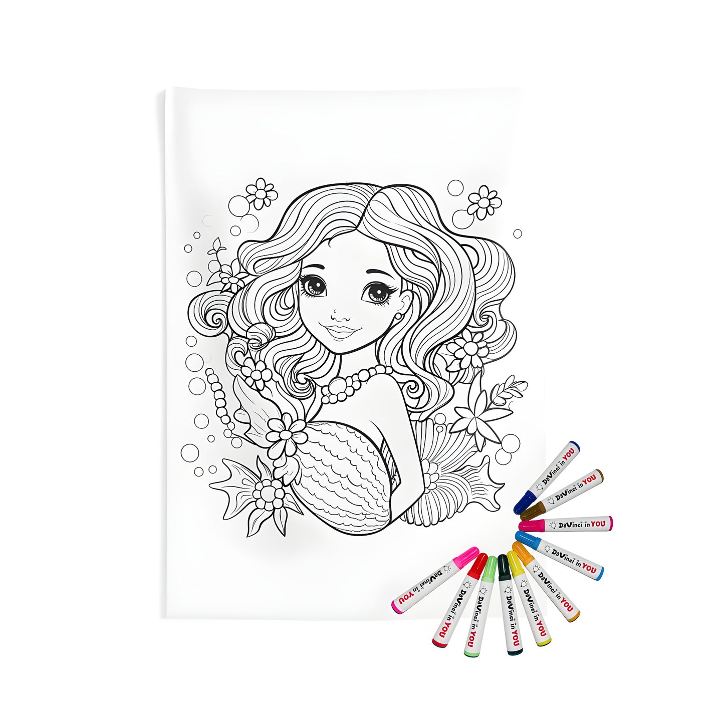 Beautiful Mermaid Indoor Wall Tapestry and 10-Fabric Markers Coloring Kit