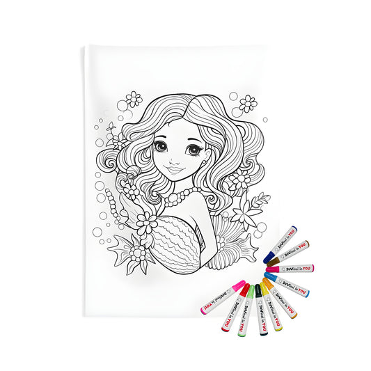 Beautiful Mermaid Indoor Wall Tapestry and 10-Fabric Markers Coloring Kit