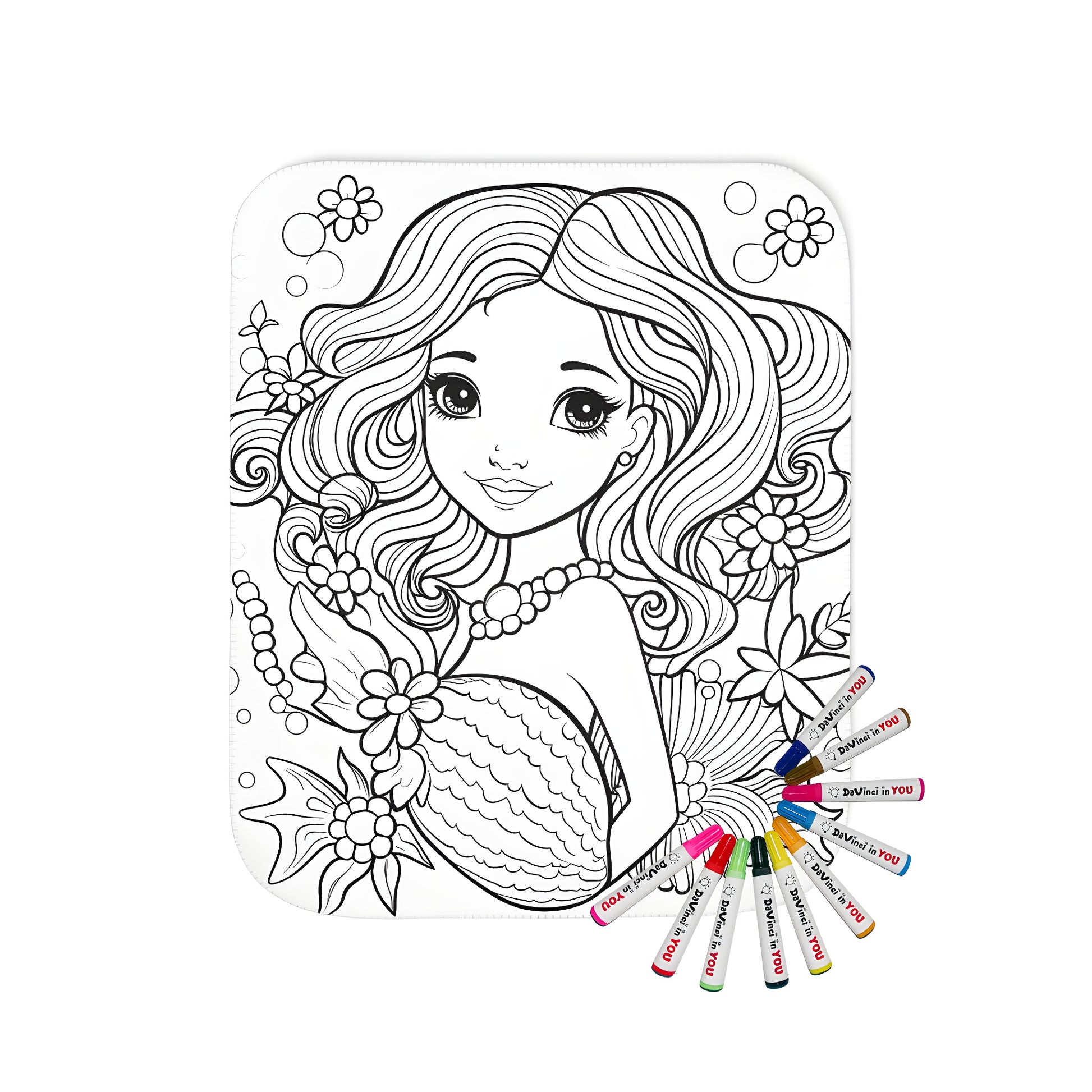 Mermaid blanket coloring kit for kids with detailed mermaid tail and underwater scene. Soft fabric markers included