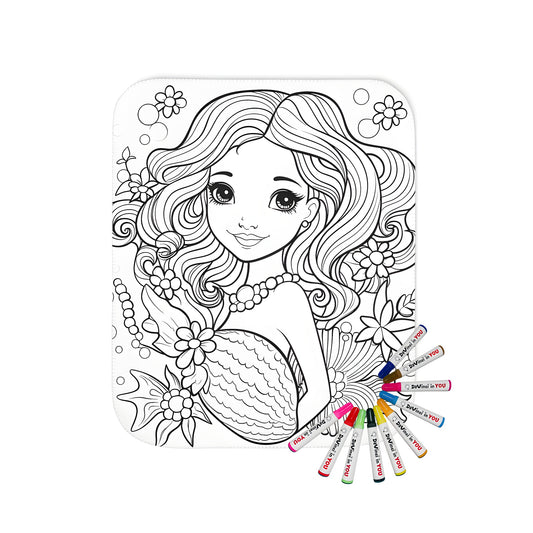 Mermaid blanket coloring kit for kids with detailed mermaid tail and underwater scene. Soft fabric markers included