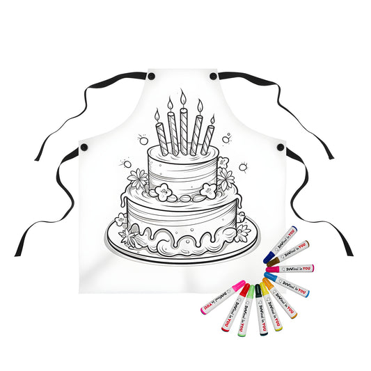 Apron featuring a colorful birthday cake illustration with candles and flowers on a black background