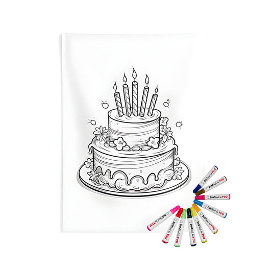 Birthday Cake Wall Hanging, Indoor Wall Tapestries with Colorful Markers, Party Decorations