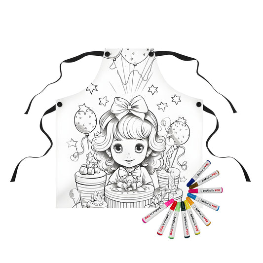 Colorful apron featuring a young girl's birthday celebration design