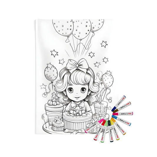 Indoor wall tapestry with birthday girl coloring page design