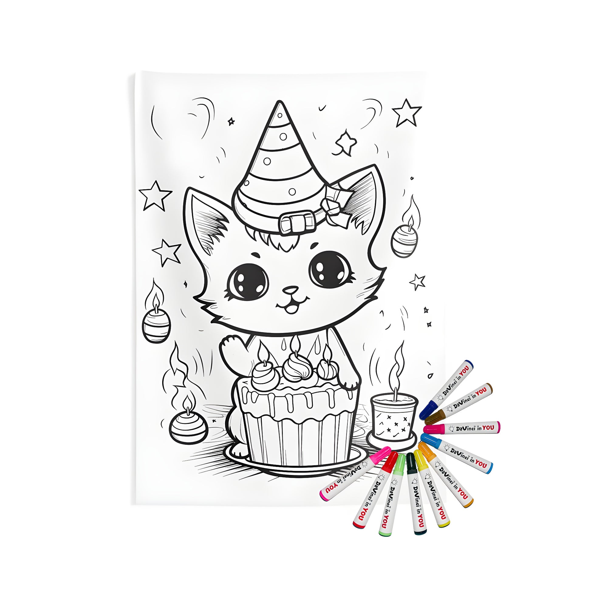 Indoor wall tapestries, colorful cat design, birthday celebration art, fabric markers included