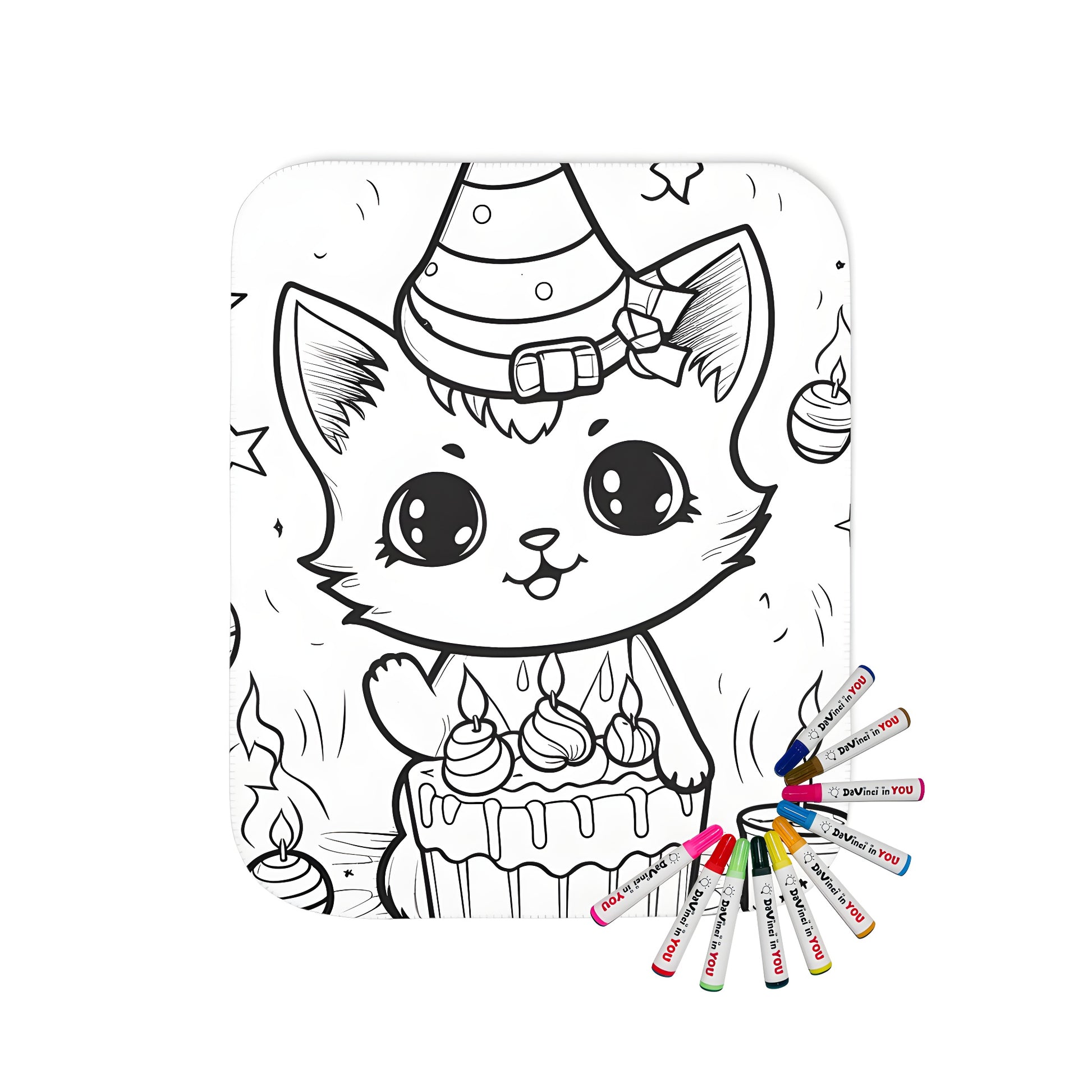 Cute cat birthday party blanket design with fabric markers