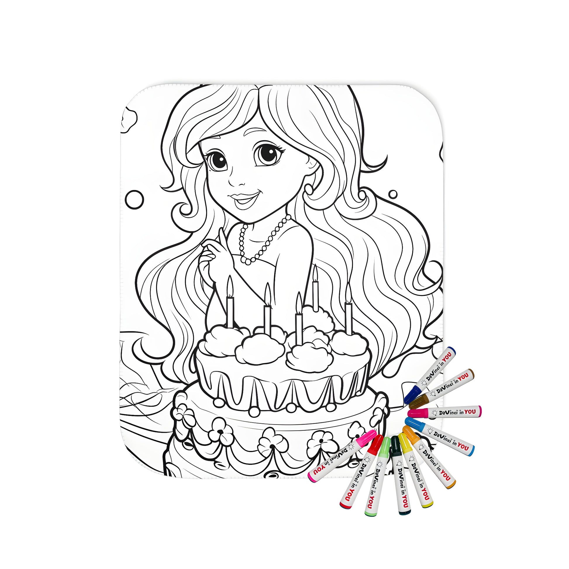 Blanket coloring kit with vibrant birthday themed fabric markers and blanket